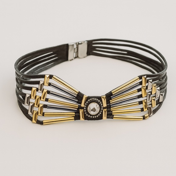 Vintage 80s Rare Jose Cotel Paris Black Jeweled Art Deco Leather Belt - Picture 2 of 16